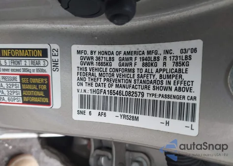 2006 Honda Civic Lx from USA, damaged, VIN 1HGFA16546L082579